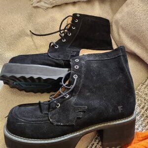 Suede Fluevog F Shoes (?) in black, size M12/W14